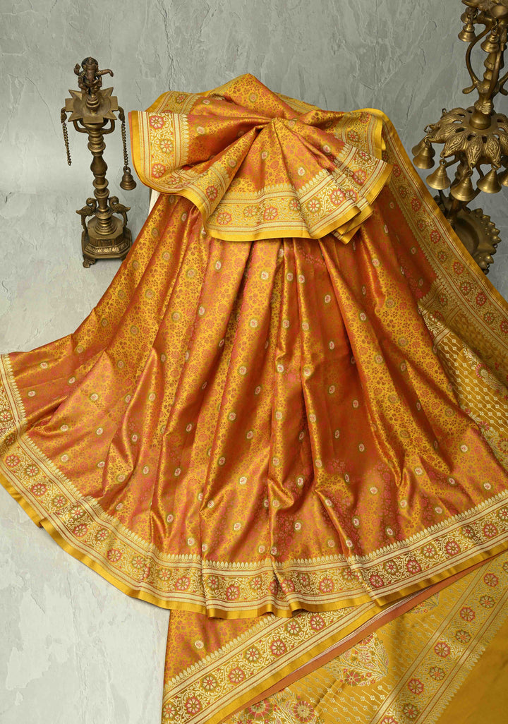 Mustard Yellow Semi Tanchoi Banarasi Satin Silk Saree with Meenakari Floral Brocade Jaal and Zari Border