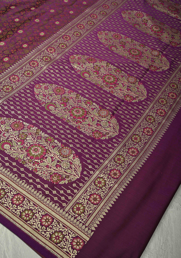 Purple Semi Tanchoi Banarasi Satin Silk Saree with Meenakari Floral Brocade Jaal and Zari Border