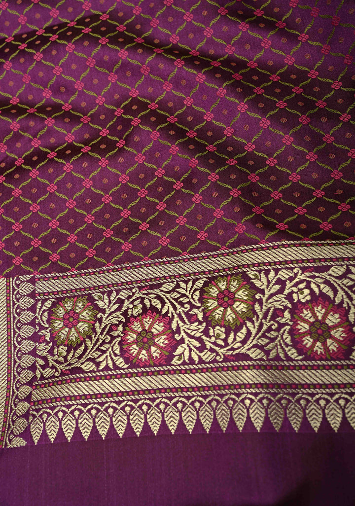 Purple Semi Tanchoi Banarasi Satin Silk Saree with Meenakari Floral Brocade Jaal and Zari Border
