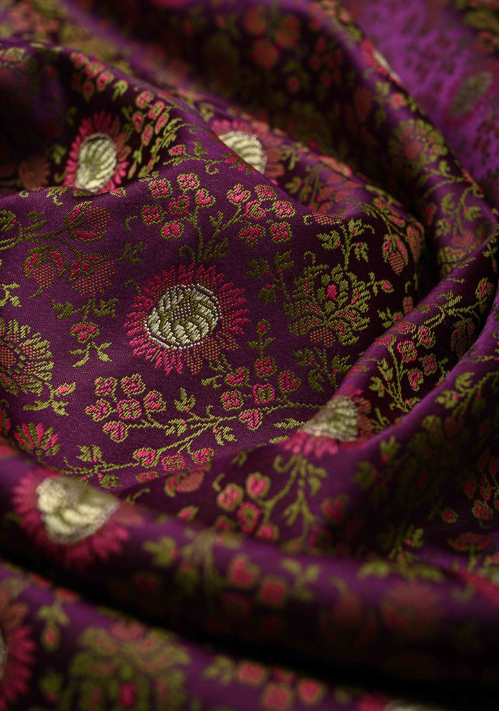 Purple Semi Tanchoi Banarasi Satin Silk Saree with Meenakari Floral Brocade Jaal and Zari Border