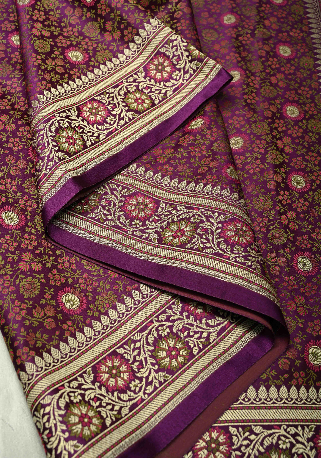 Purple Semi Tanchoi Banarasi Satin Silk Saree with Meenakari Floral Brocade Jaal and Zari Border