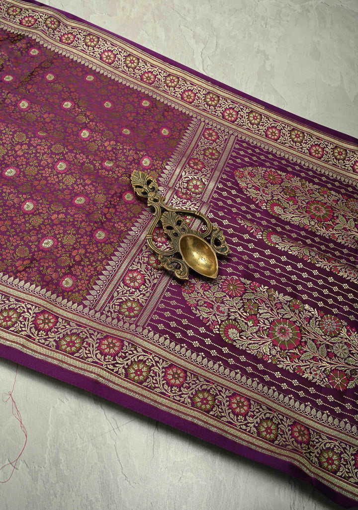 Purple Semi Tanchoi Banarasi Satin Silk Saree with Meenakari Floral Brocade Jaal and Zari Border