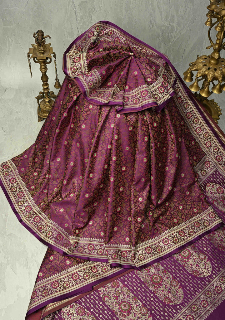 Purple Semi Tanchoi Banarasi Satin Silk Saree with Meenakari Floral Brocade Jaal and Zari Border