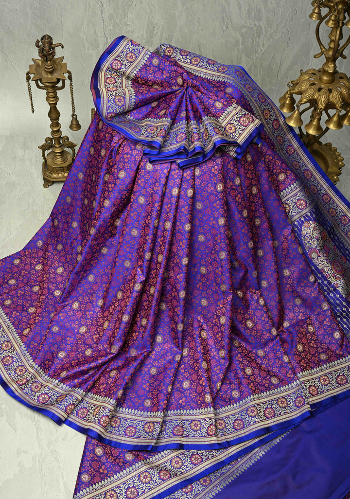 Royal Blue Semi Tanchoi Banarasi Satin Silk Saree with Meenakari Floral Brocade Jaal and Zari Border
