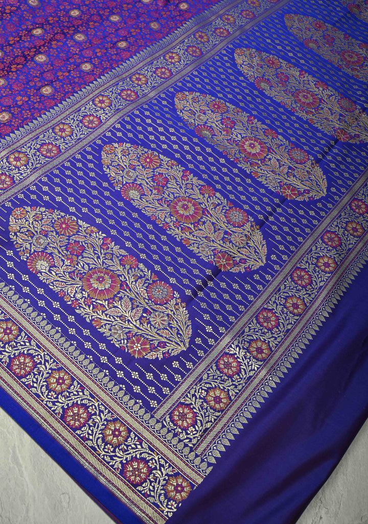 Royal Blue Semi Tanchoi Banarasi Satin Silk Saree with Meenakari Floral Brocade Jaal and Zari Border