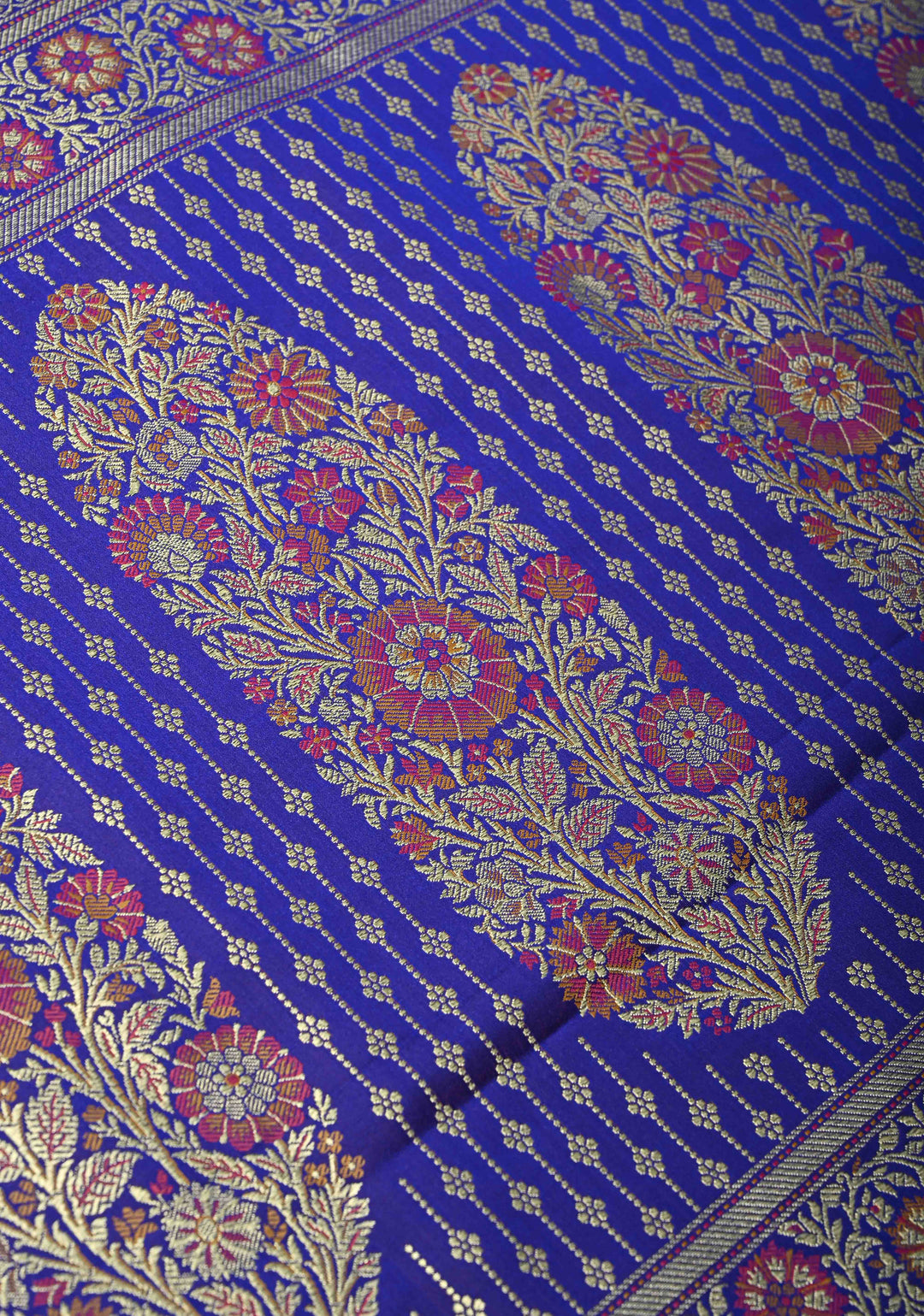 Royal Blue Semi Tanchoi Banarasi Satin Silk Saree with Meenakari Floral Brocade Jaal and Zari Border