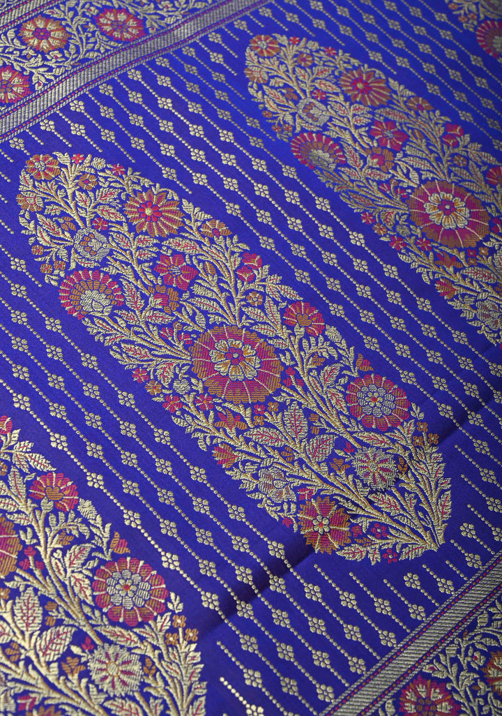 Royal Blue Semi Tanchoi Banarasi Satin Silk Saree with Meenakari Floral Brocade Jaal and Zari Border