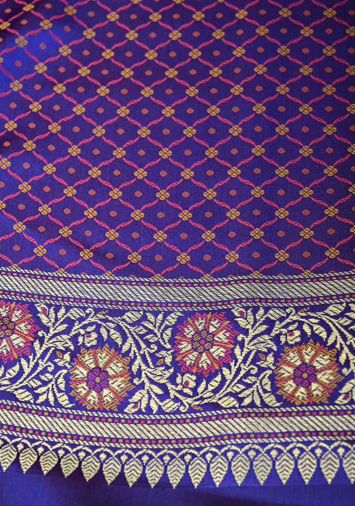 Royal Blue Semi Tanchoi Banarasi Satin Silk Saree with Meenakari Floral Brocade Jaal and Zari Border