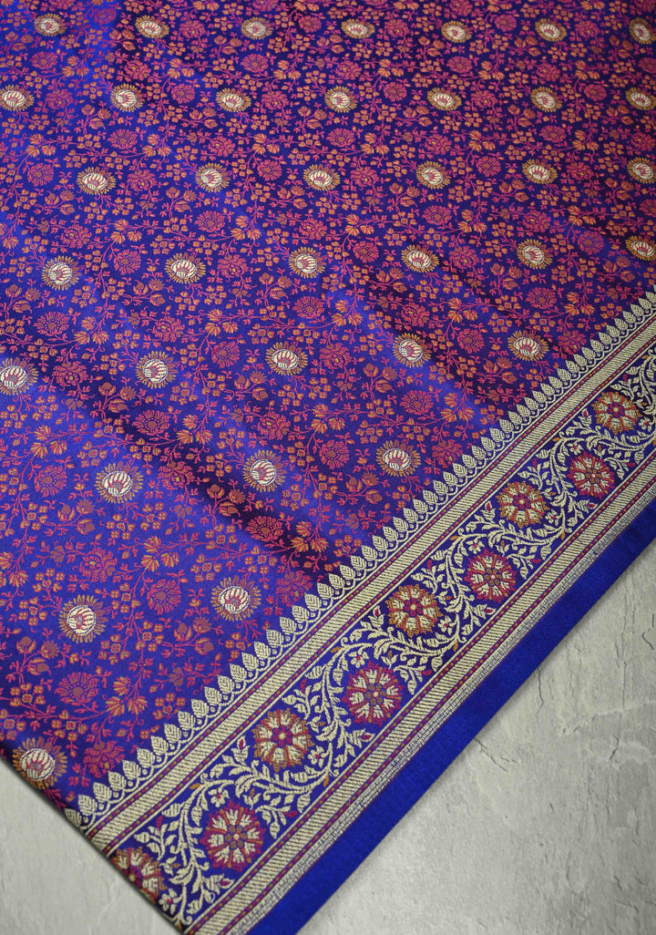 Royal Blue Semi Tanchoi Banarasi Satin Silk Saree with Meenakari Floral Brocade Jaal and Zari Border