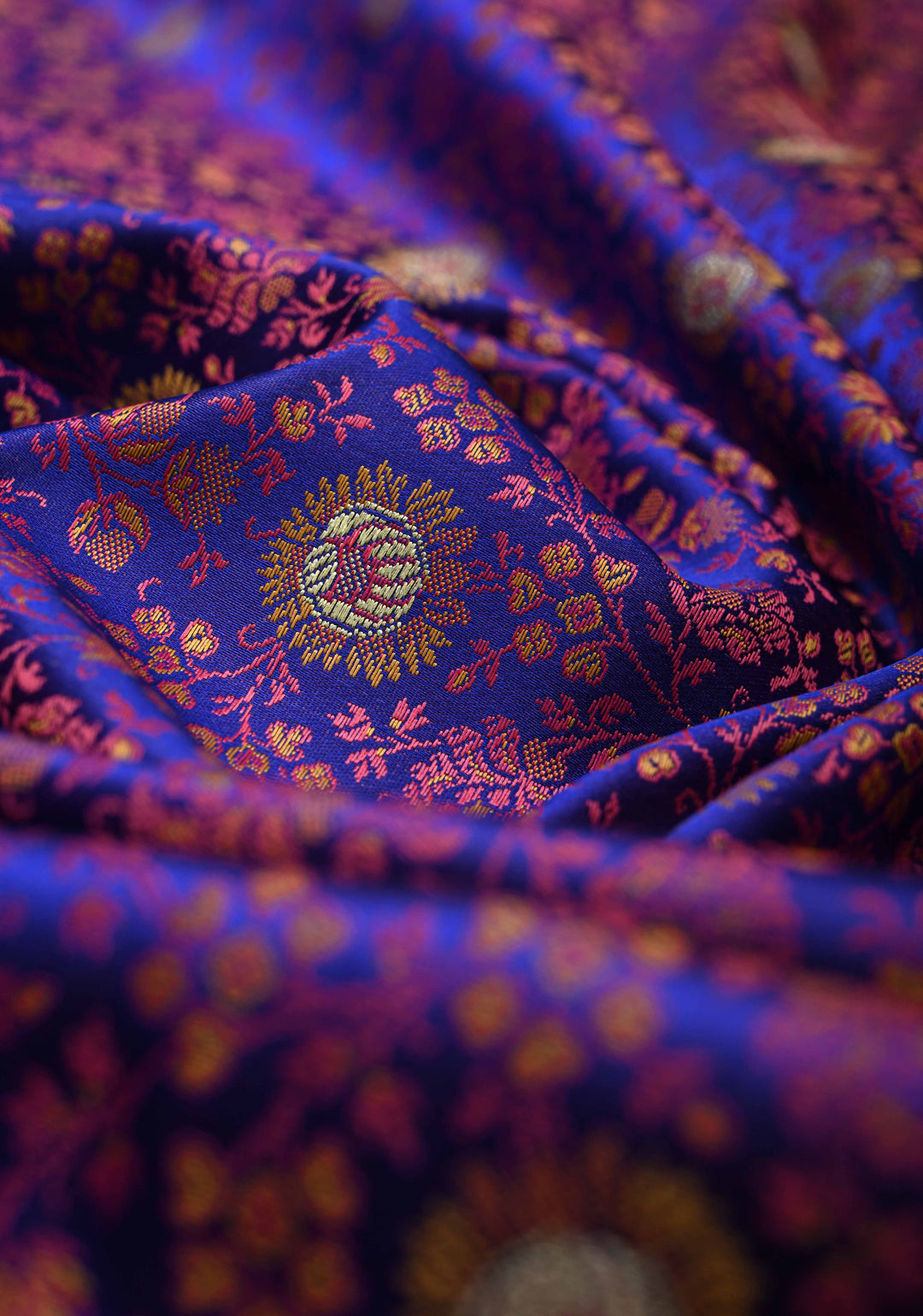 Royal Blue Semi Tanchoi Banarasi Satin Silk Saree with Meenakari Floral Brocade Jaal and Zari Border