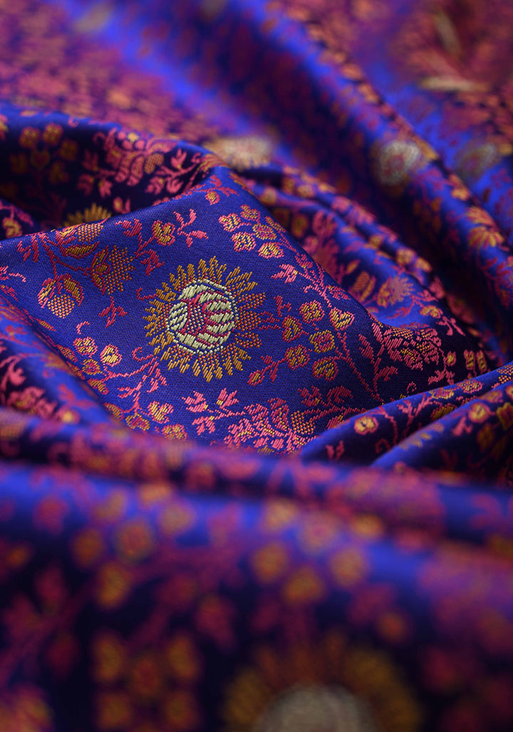 Royal Blue Semi Tanchoi Banarasi Satin Silk Saree with Meenakari Floral Brocade Jaal and Zari Border