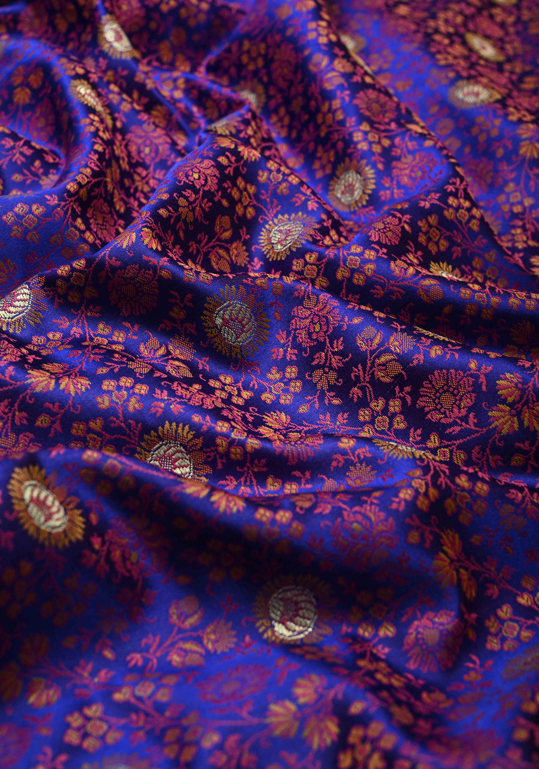 Royal Blue Semi Tanchoi Banarasi Satin Silk Saree with Meenakari Floral Brocade Jaal and Zari Border
