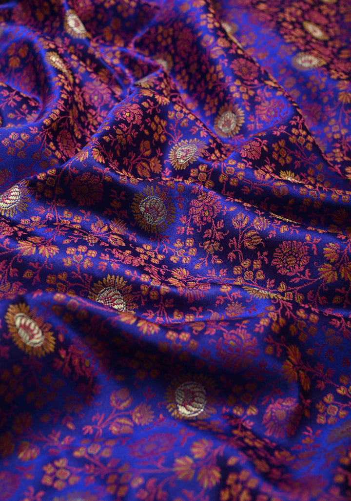Royal Blue Semi Tanchoi Banarasi Satin Silk Saree with Meenakari Floral Brocade Jaal and Zari Border