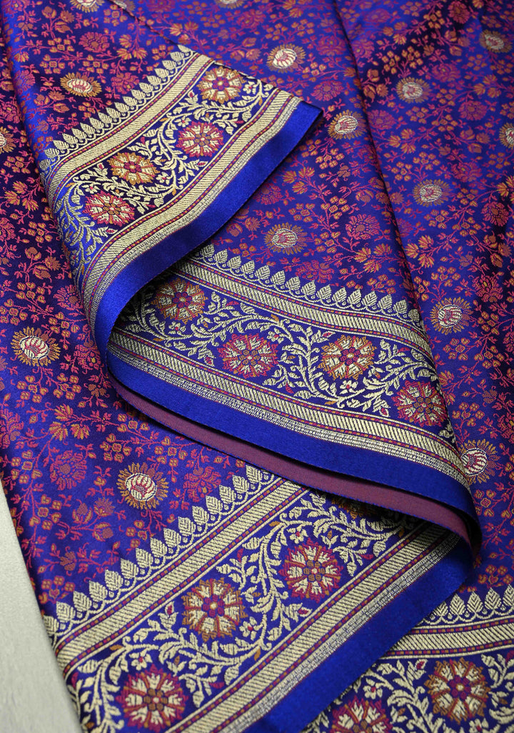 Royal Blue Semi Tanchoi Banarasi Satin Silk Saree with Meenakari Floral Brocade Jaal and Zari Border