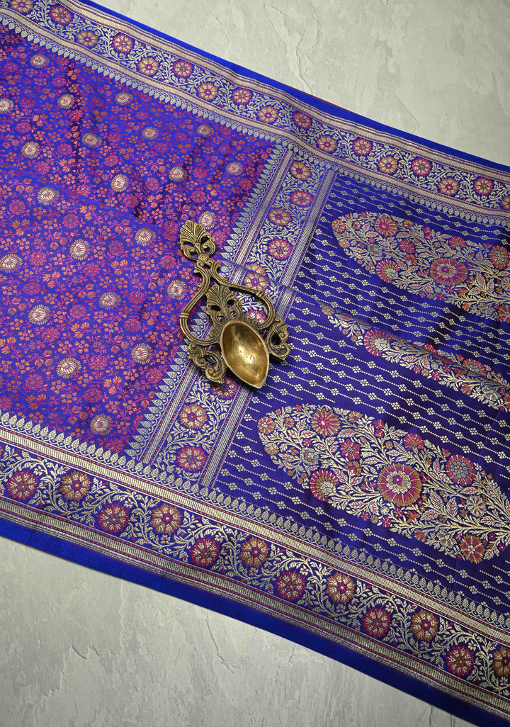 Royal Blue Semi Tanchoi Banarasi Satin Silk Saree with Meenakari Floral Brocade Jaal and Zari Border