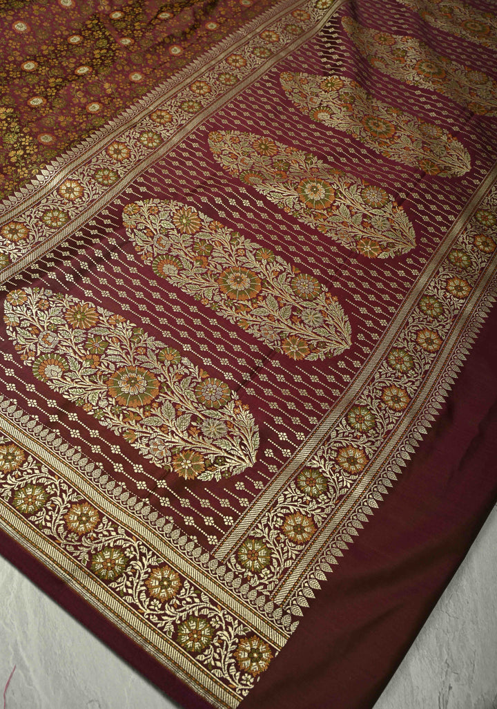 Brown Semi Tanchoi Banarasi Satin Silk Saree with Meenakari Floral Brocade Jaal