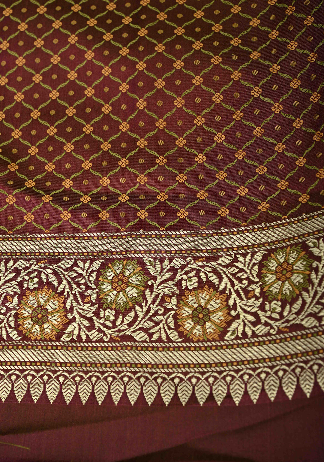 Brown Semi Tanchoi Banarasi Satin Silk Saree with Meenakari Floral Brocade Jaal