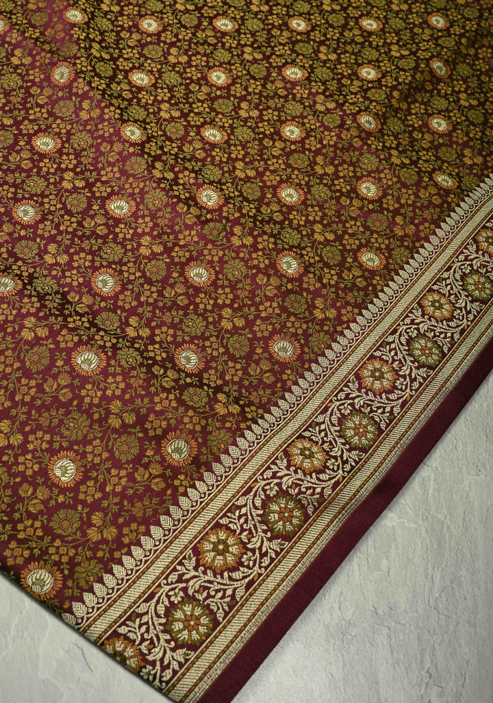 Brown Semi Tanchoi Banarasi Satin Silk Saree with Meenakari Floral Brocade Jaal