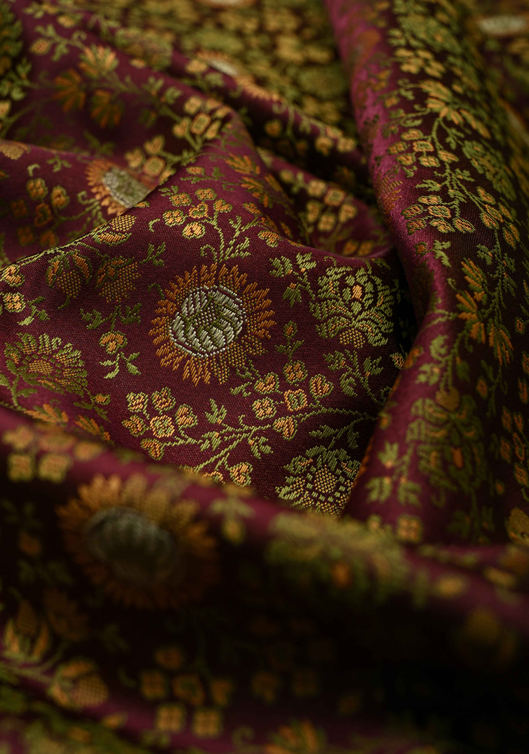 Brown Semi Tanchoi Banarasi Satin Silk Saree with Meenakari Floral Brocade Jaal