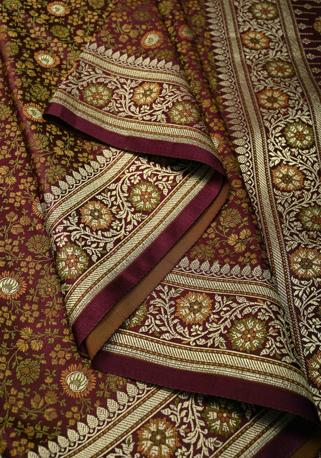 Brown Semi Tanchoi Banarasi Satin Silk Saree with Meenakari Floral Brocade Jaal