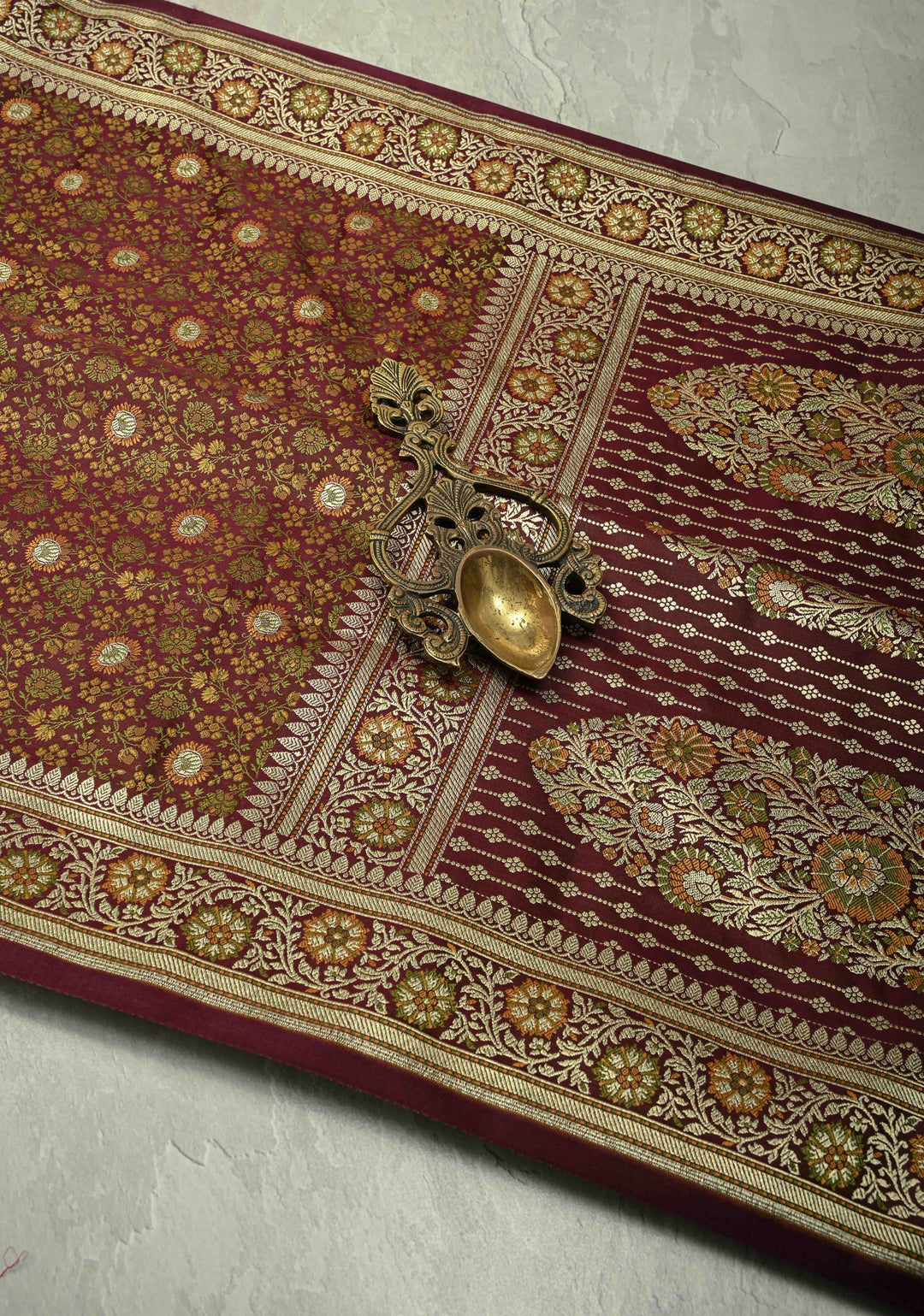 Brown Semi Tanchoi Banarasi Satin Silk Saree with Meenakari Floral Brocade Jaal