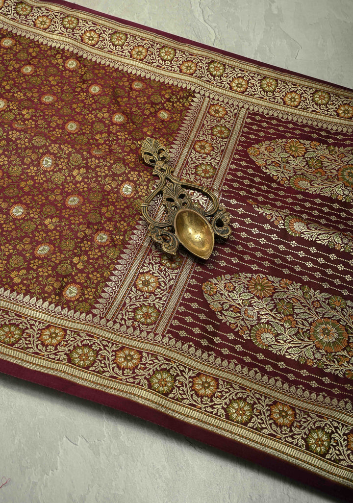 Brown Semi Tanchoi Banarasi Satin Silk Saree with Meenakari Floral Brocade Jaal