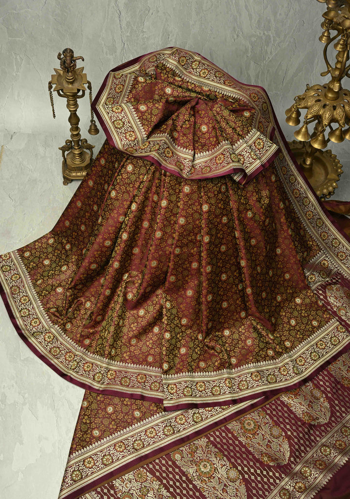 Brown Semi Tanchoi Banarasi Satin Silk Saree with Meenakari Floral Brocade Jaal
