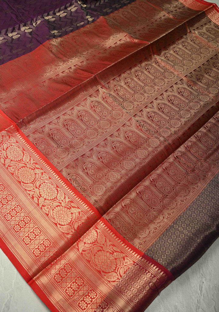 Dark Plum Banarasi Semi Silk Saree with Brocade and Contrast Zari Border