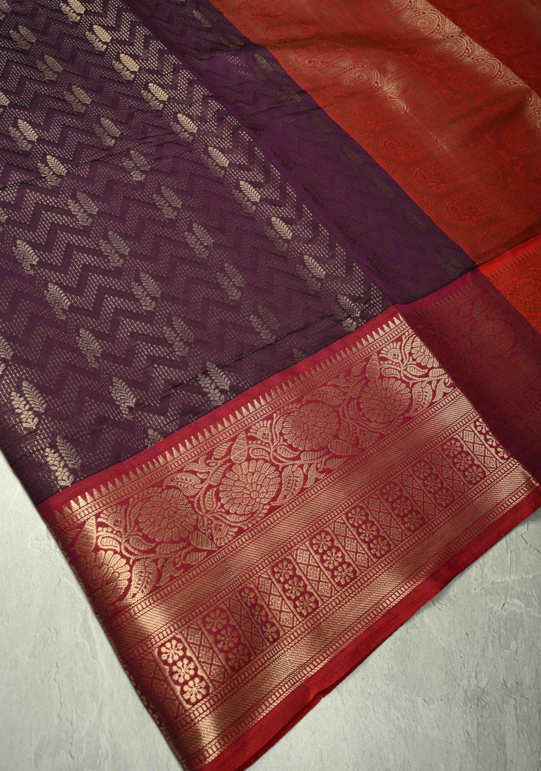 Dark Plum Banarasi Semi Silk Saree with Brocade and Contrast Zari Border
