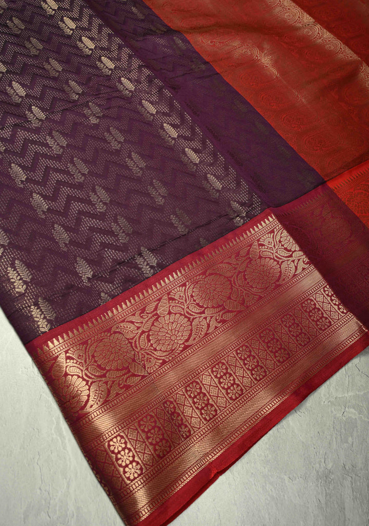 Dark Plum Banarasi Semi Silk Saree with Brocade and Contrast Zari Border
