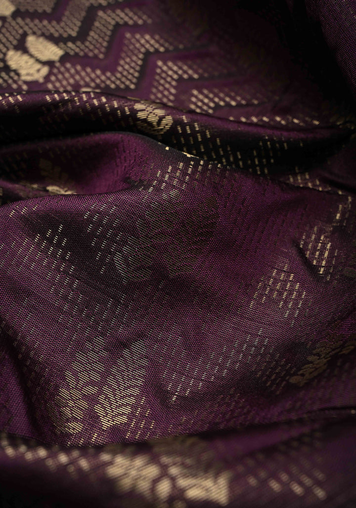Dark Plum Banarasi Semi Silk Saree with Brocade and Contrast Zari Border