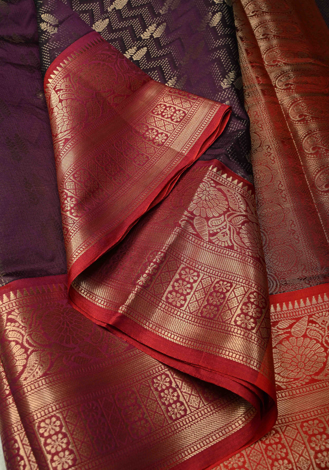 Dark Plum Banarasi Semi Silk Saree with Brocade and Contrast Zari Border