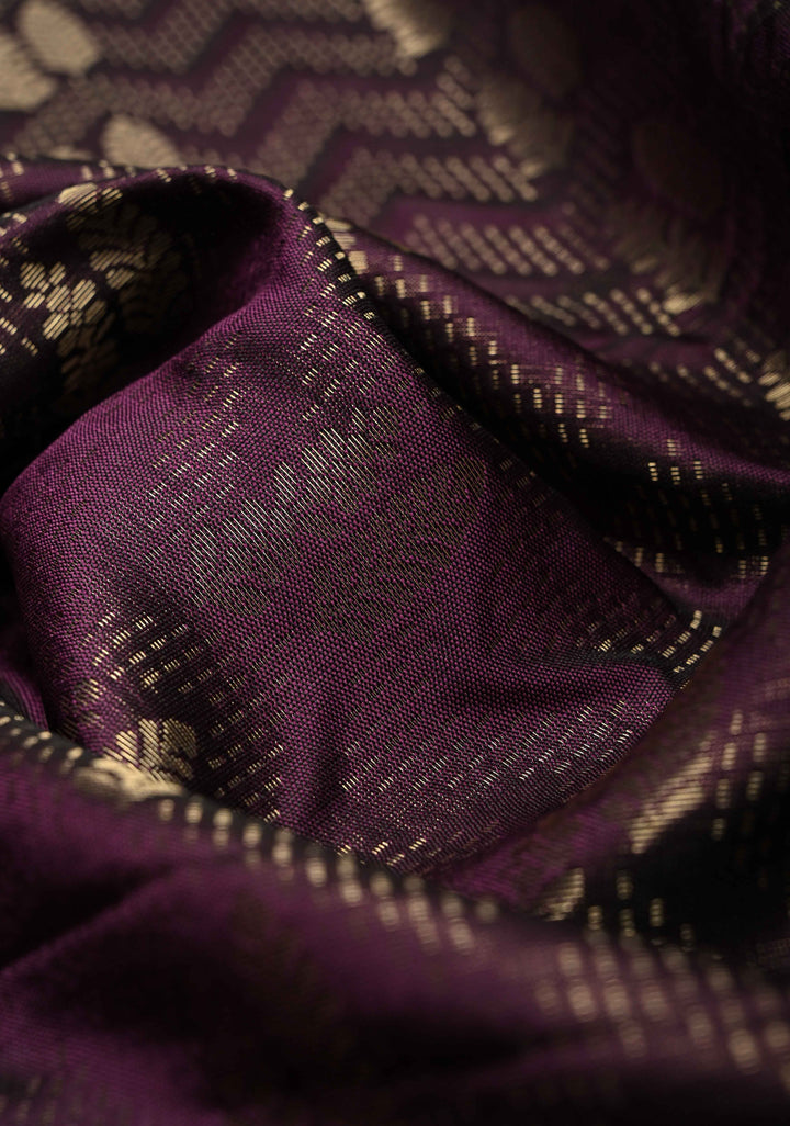 Dark Plum Banarasi Semi Silk Saree with Brocade and Contrast Zari Border