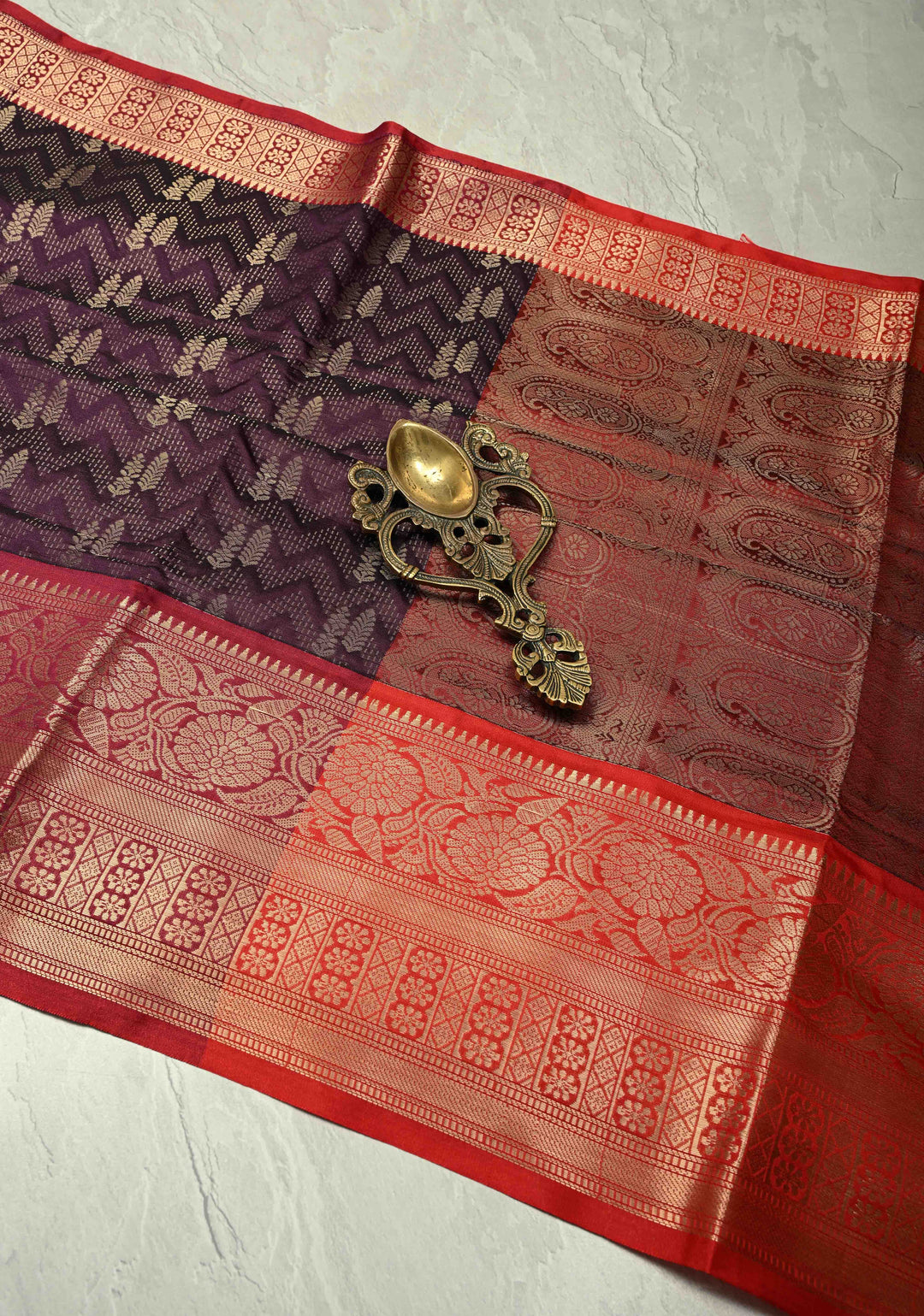 Dark Plum Banarasi Semi Silk Saree with Brocade and Contrast Zari Border