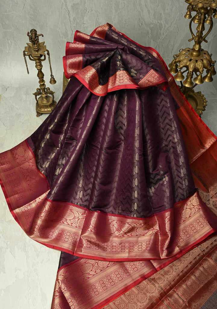 Dark Plum Banarasi Semi Silk Saree with Brocade and Contrast Zari Border
