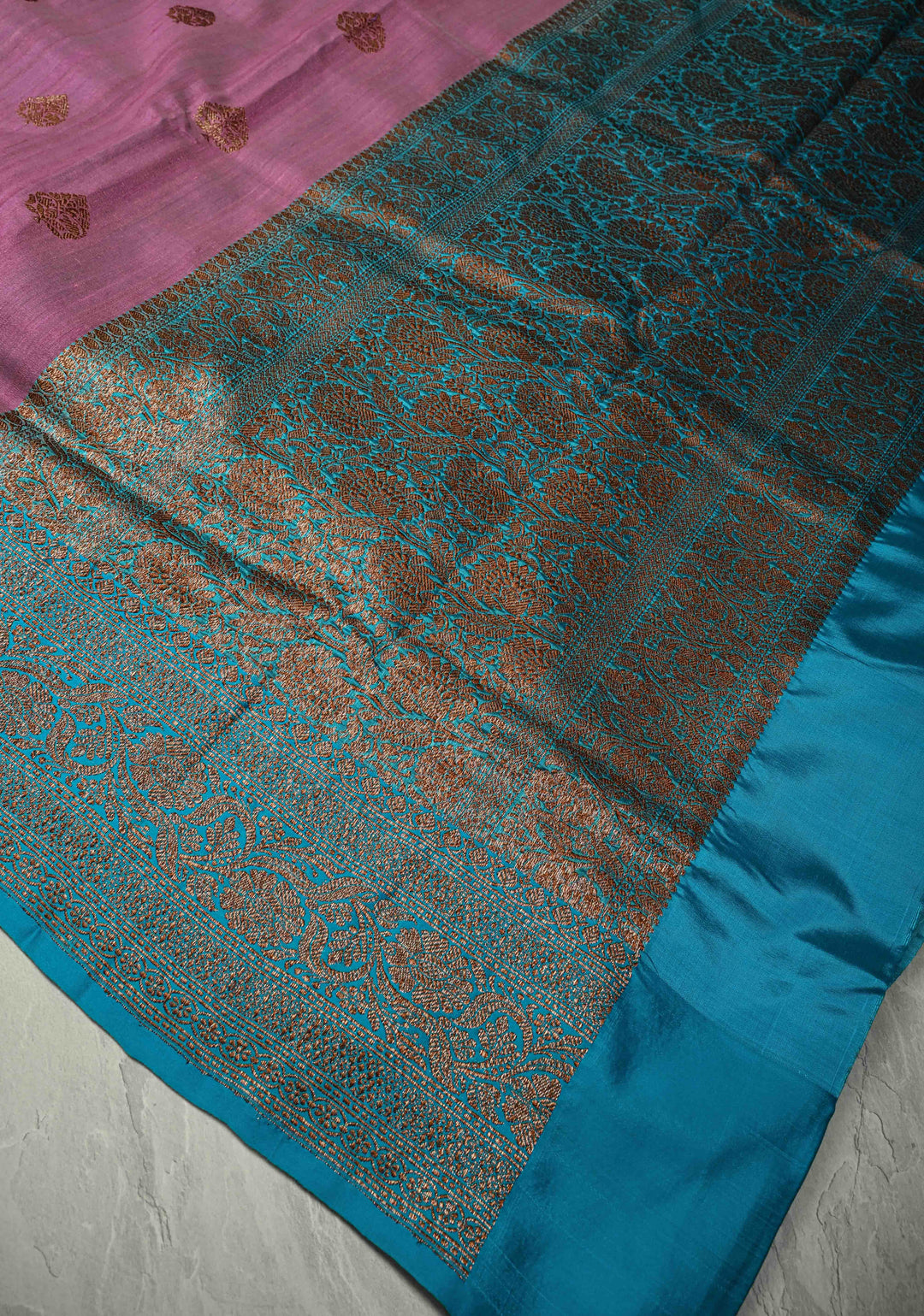 Mauve Banarasi Tussar Silk Saree with Antique Zari Buttas and Contrast Zari Border | SILK MARK CERTIFIED