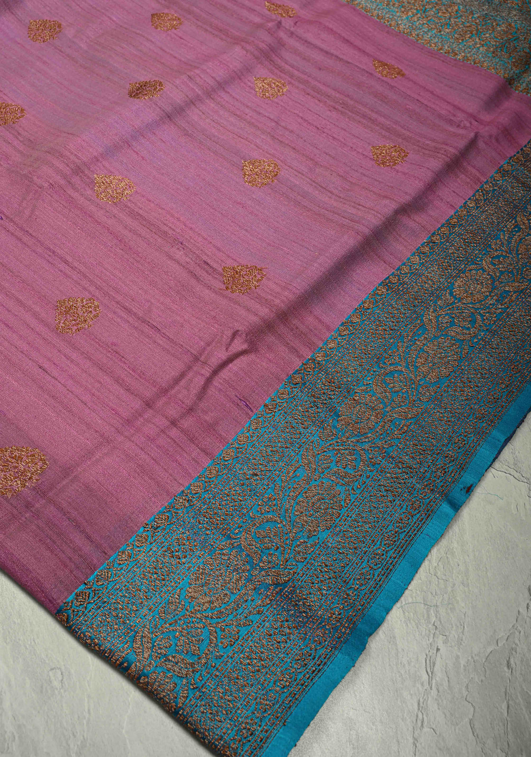 Mauve Banarasi Tussar Silk Saree with Antique Zari Buttas and Contrast Zari Border | SILK MARK CERTIFIED