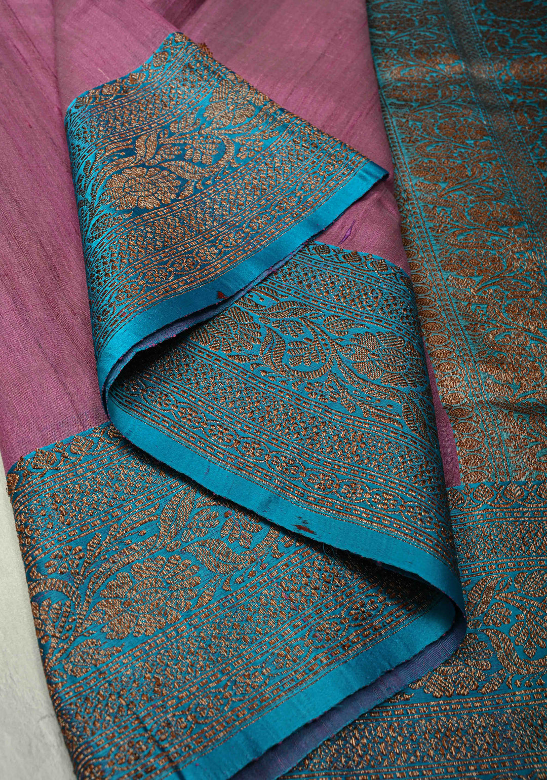 Mauve Banarasi Tussar Silk Saree with Antique Zari Buttas and Contrast Zari Border | SILK MARK CERTIFIED