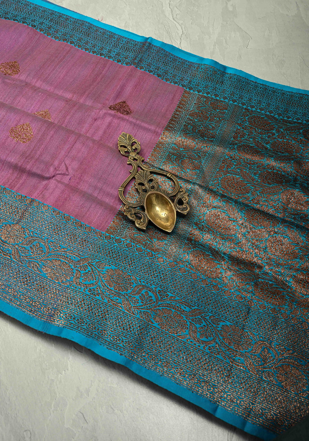Mauve Banarasi Tussar Silk Saree with Antique Zari Buttas and Contrast Zari Border | SILK MARK CERTIFIED