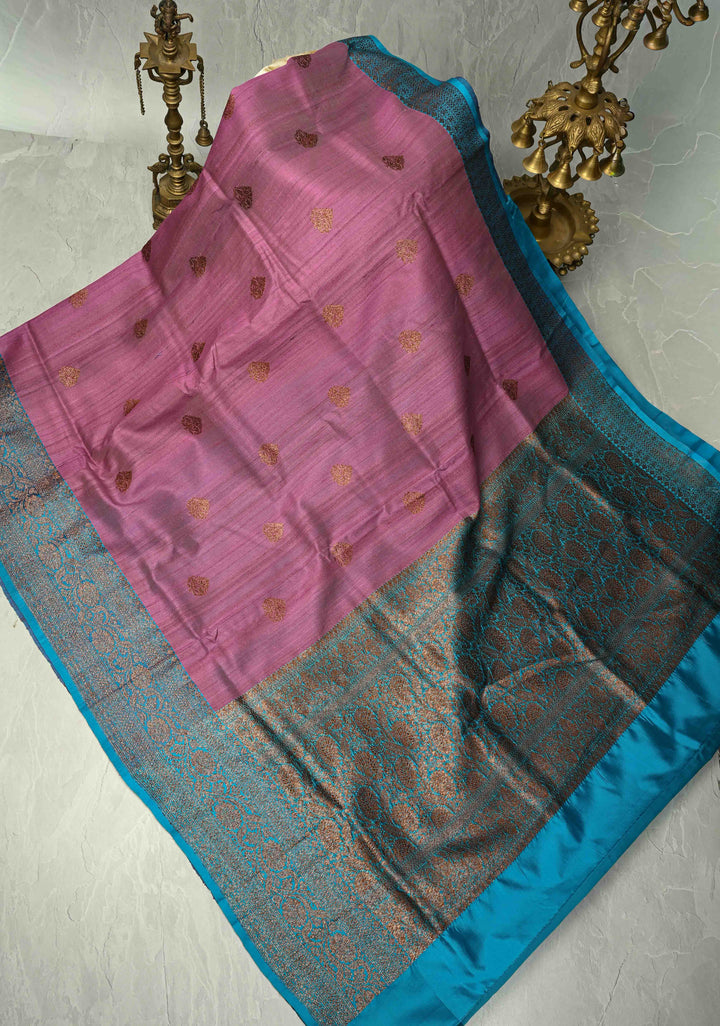 Mauve Banarasi Tussar Silk Saree with Antique Zari Buttas and Contrast Zari Border | SILK MARK CERTIFIED