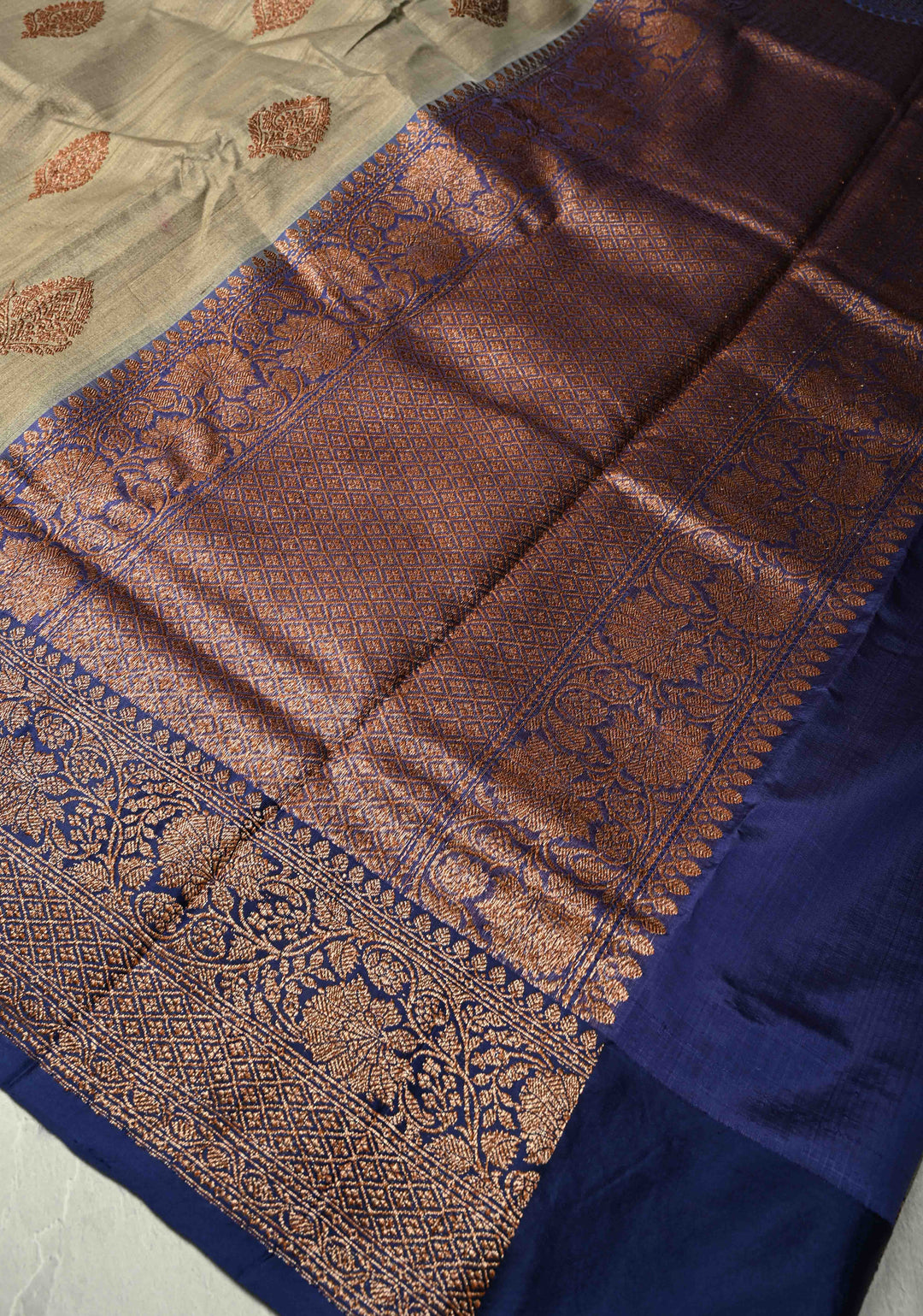 Khaki Banarasi Tussar Silk Saree with Antique Zari Buttas and Contrast Zari Border | SILK MARK CERTIFIED