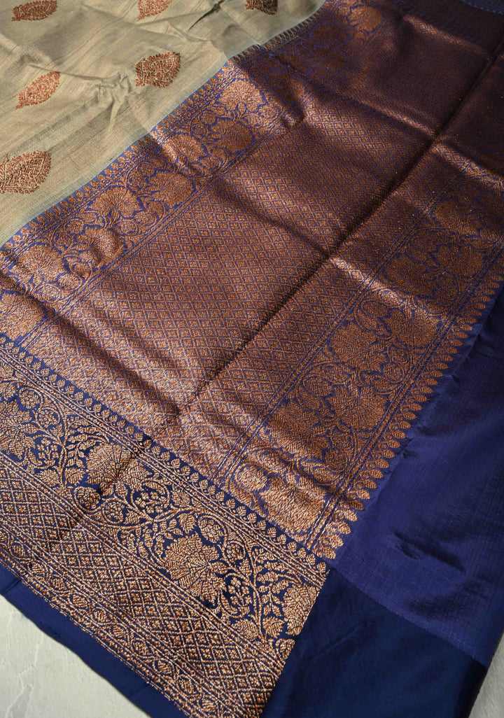 Khaki Banarasi Tussar Silk Saree with Antique Zari Buttas and Contrast Zari Border | SILK MARK CERTIFIED
