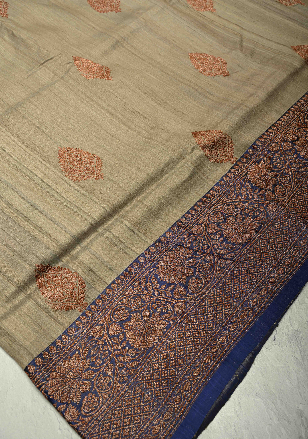 Khaki Banarasi Tussar Silk Saree with Antique Zari Buttas and Contrast Zari Border | SILK MARK CERTIFIED
