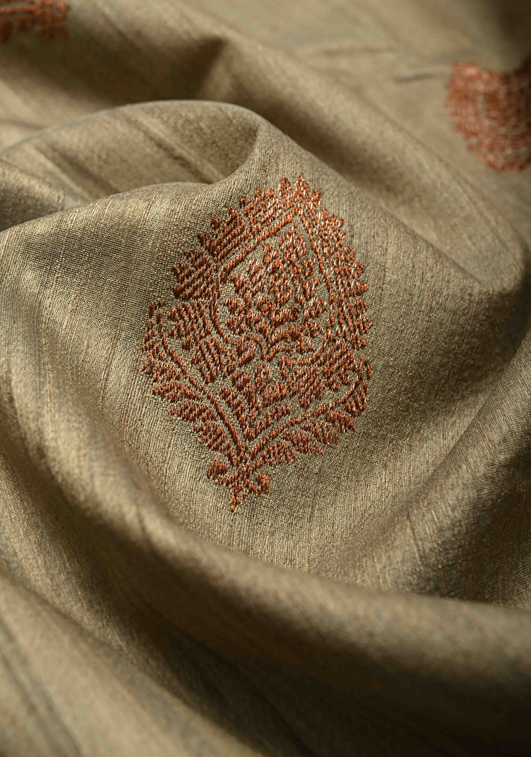 Khaki Banarasi Tussar Silk Saree with Antique Zari Buttas and Contrast Zari Border | SILK MARK CERTIFIED