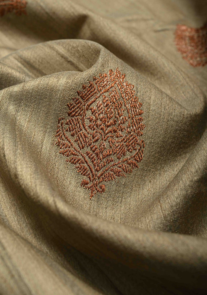 Khaki Banarasi Tussar Silk Saree with Antique Zari Buttas and Contrast Zari Border | SILK MARK CERTIFIED