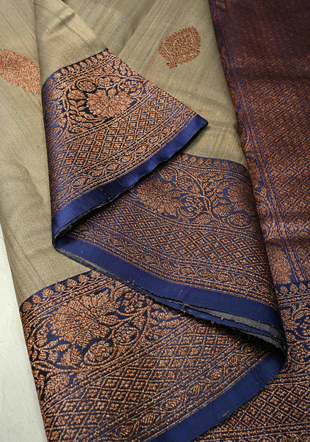 Khaki Banarasi Tussar Silk Saree with Antique Zari Buttas and Contrast Zari Border | SILK MARK CERTIFIED