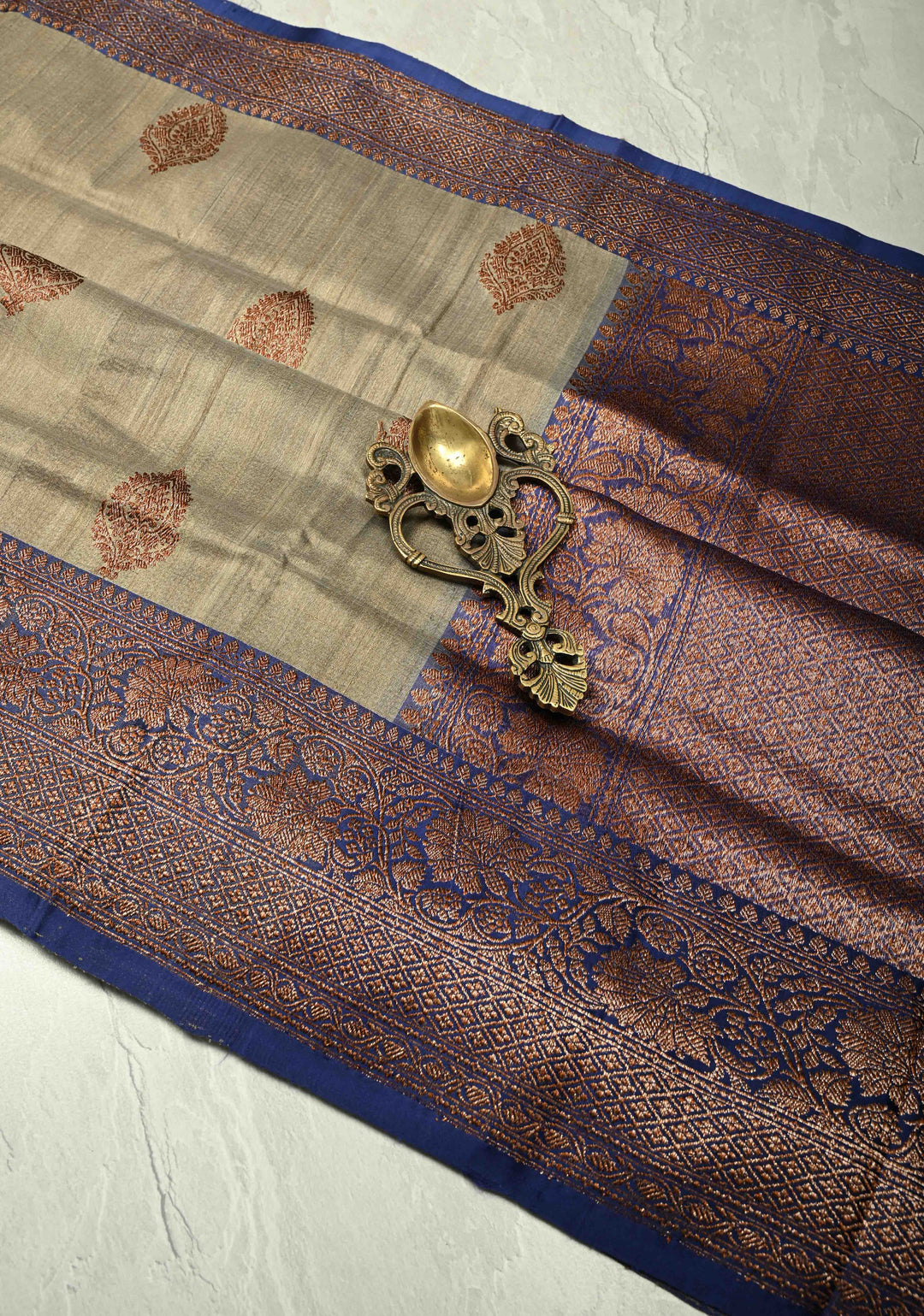 Khaki Banarasi Tussar Silk Saree with Antique Zari Buttas and Contrast Zari Border | SILK MARK CERTIFIED
