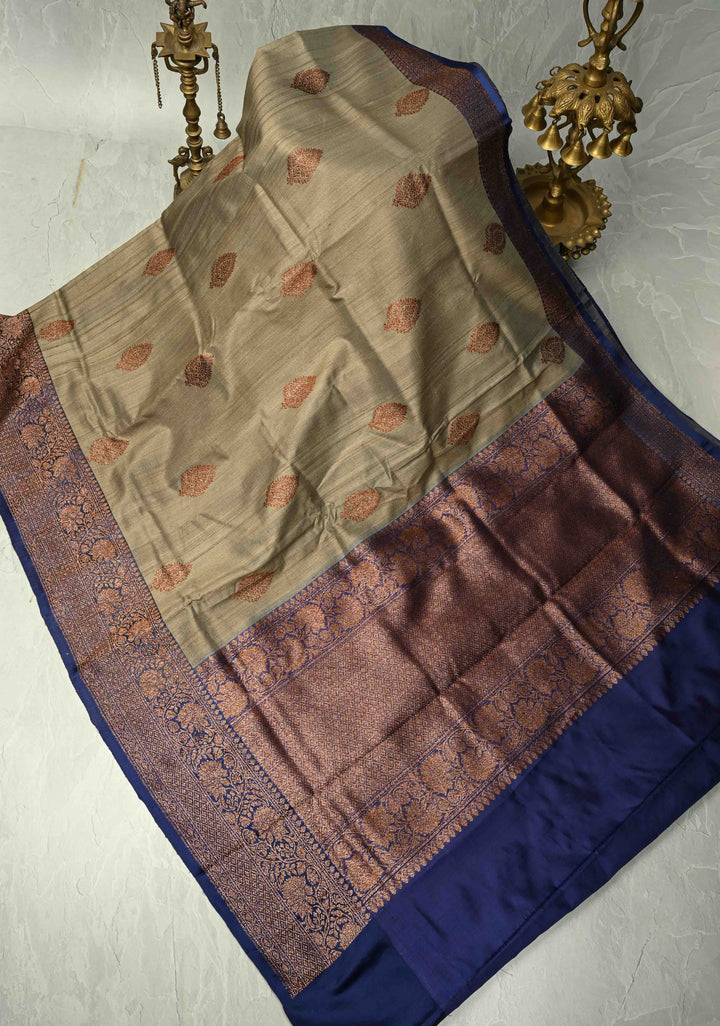 Khaki Banarasi Tussar Silk Saree with Antique Zari Buttas and Contrast Zari Border | SILK MARK CERTIFIED