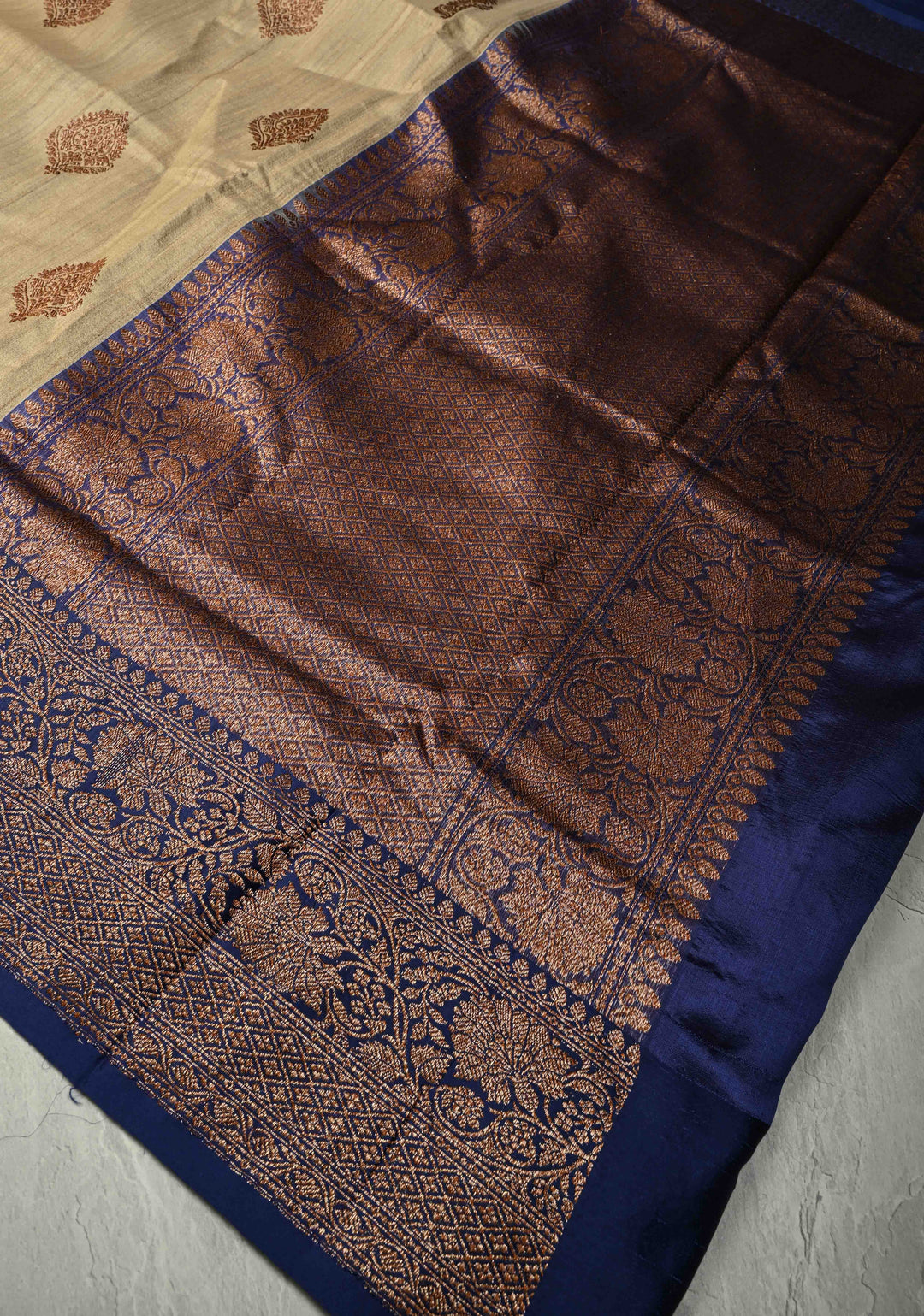 Kora Color Banarasi Tussar Silk Saree with Antique Zari Buttas and Navy Blue Zari Border | SILK MARK CERTIFIED