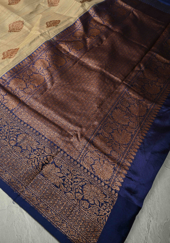 Kora Color Banarasi Tussar Silk Saree with Antique Zari Buttas and Navy Blue Zari Border | SILK MARK CERTIFIED